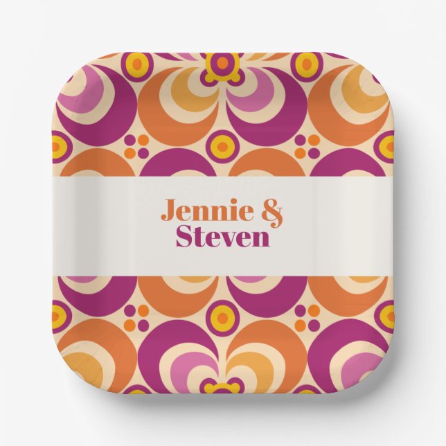 Plato De Papel Naranja morado geométrico floral de mediados de si (Anverso)
