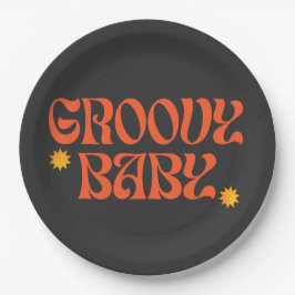 Plato De Papel Naranja mostaza de los años 70 Hippie negro Groovy