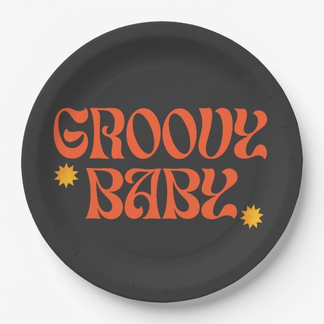 Plato De Papel Naranja mostaza de los años 70 Hippie negro Groovy (Anverso)