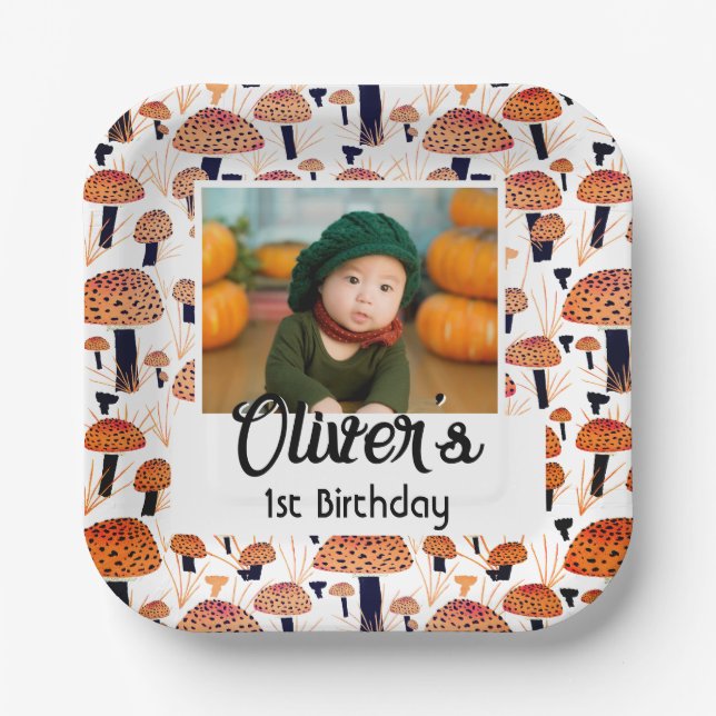 Plato De Papel Naranja Mushroom Fall Photo Birday Party (Anverso)