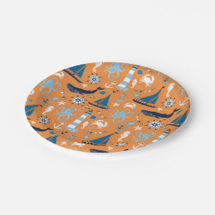 Plato De Papel Naranja náutico del océano