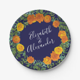Plato De Papel Naranja Navy Blue Peony y Rosa Boda Floral
