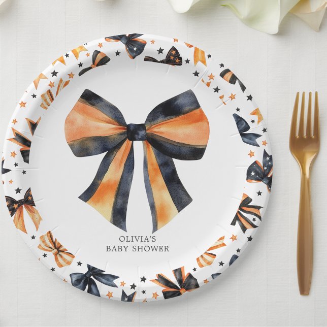 Plato De Papel Naranja negro de Halloween Coquette Bow Baby Showe (Subido por el creador)
