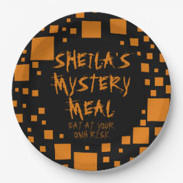 Plato De Papel Naranja negro de Halloween Nombre comida fantasmal