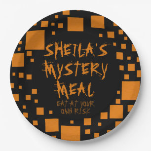 Plato De Papel Naranja negro de Halloween Nombre comida fantasmal