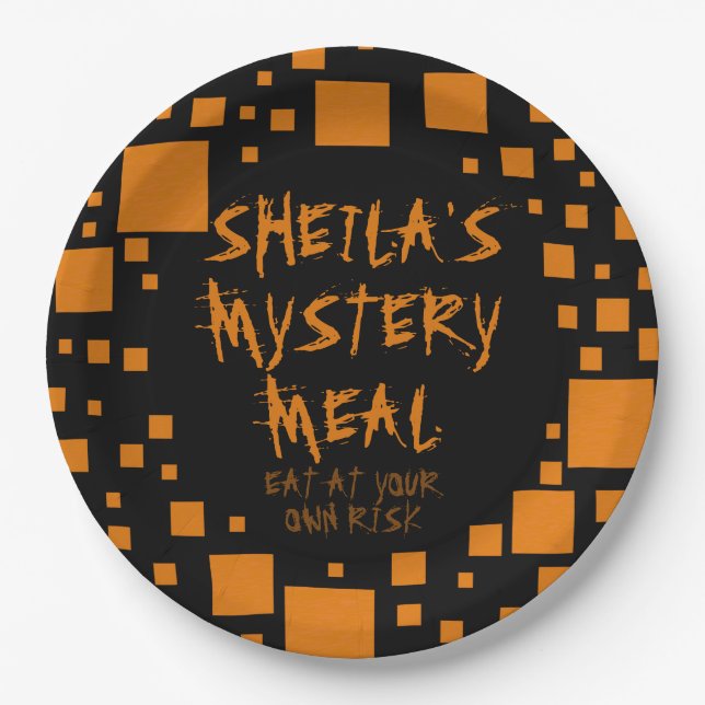 Plato De Papel Naranja negro de Halloween Nombre comida fantasmal (Anverso)