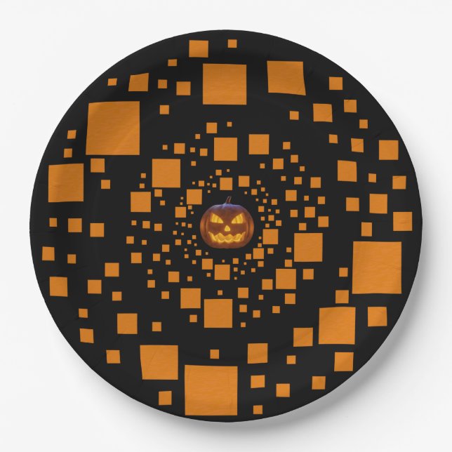 Plato De Papel Naranja negro malvado calabaza flotante cuadrado H (Anverso)