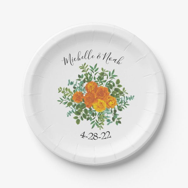 Plato De Papel Naranja Peony y Rosa Boda Floral (Anverso)