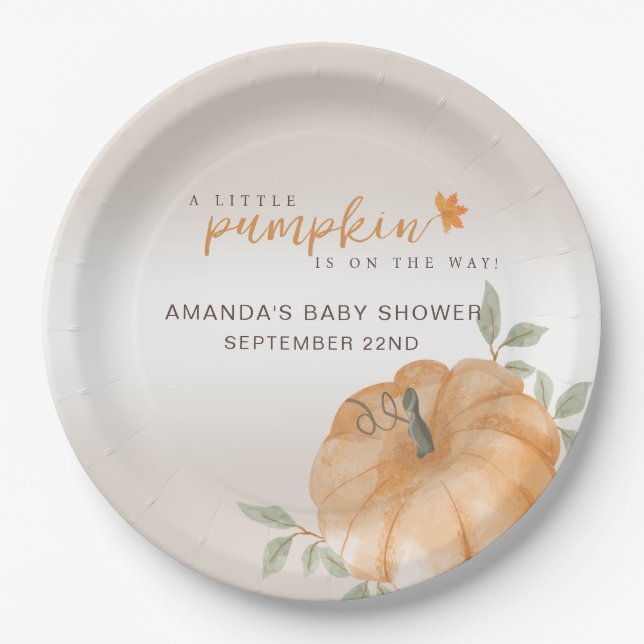 Plato De Papel Naranja Pequeña Calabaza Otoño Cae Baby Shower (Anverso)