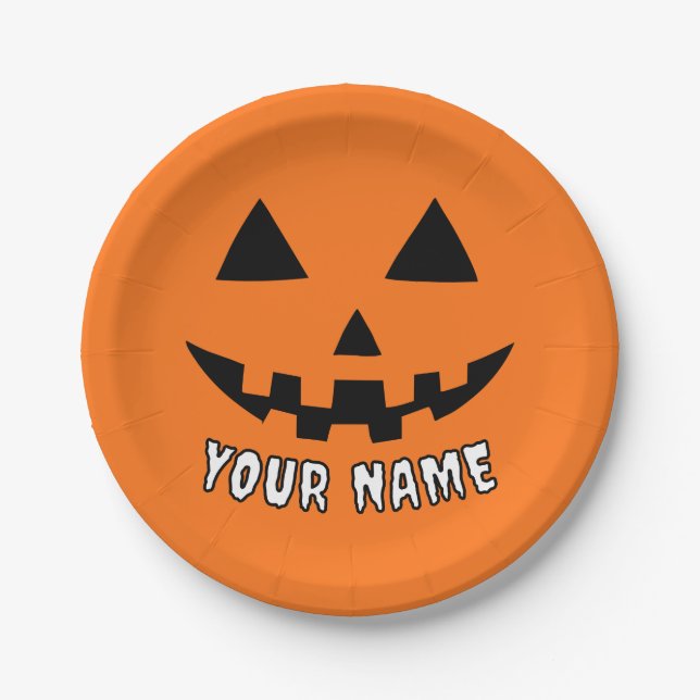 Plato De Papel Naranja personalizado Calabaza Halloween su nombre (Anverso)