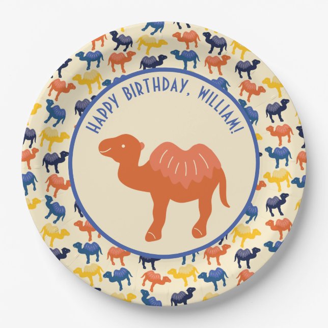 Plato De Papel Naranja Personalizado Camel Birthday Party Persona (Anverso)