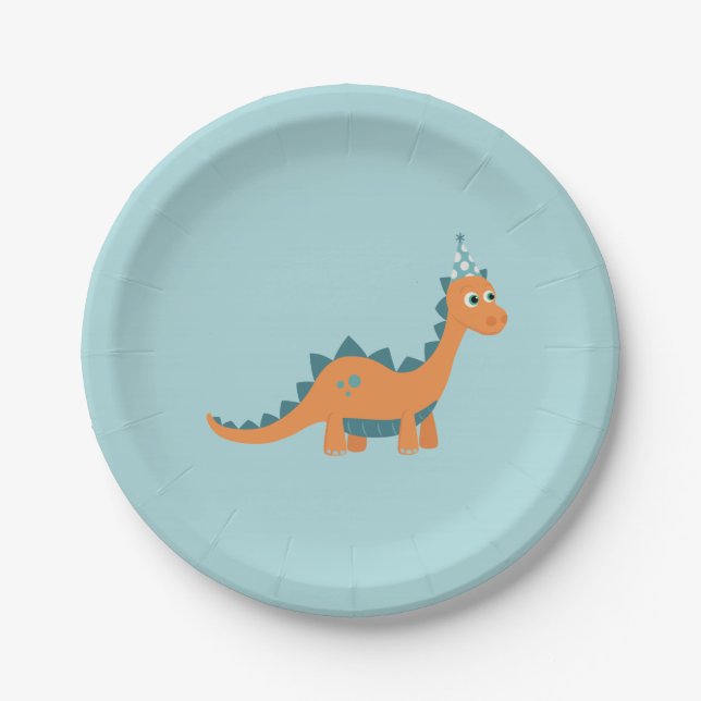Plato De Papel Naranja personalizado dinosaurio con gorra de fies (Anverso)