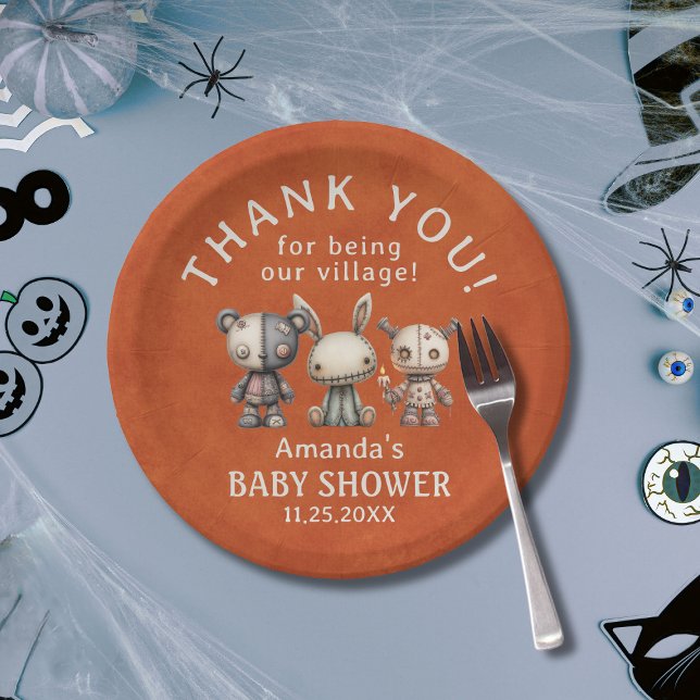 Plato De Papel Naranja personalizado Halloween se lleva a la alde (Custom Orange Halloween Takes Village Baby Shower Paper Plates)