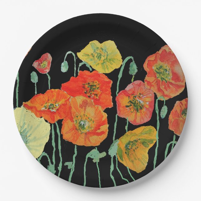 Plato De Papel Naranja Poppies Negros Patrón Floral Flor (Anverso)
