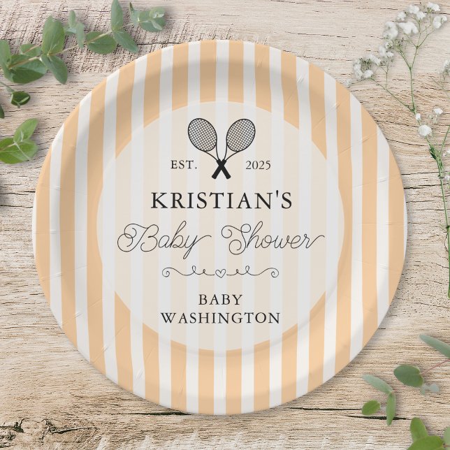 Plato De Papel Naranja Preppy Tennis Country Club Baby Shower (elegant orange tennis theme stripes baby shower paper plate with preppy chic personalization names)