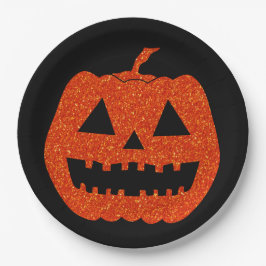 Plato De Papel Naranja Purpurina Calabaza Halloween