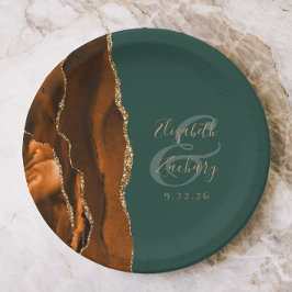 Plato De Papel Naranja quemado Agate Gold Dark Boda Verde