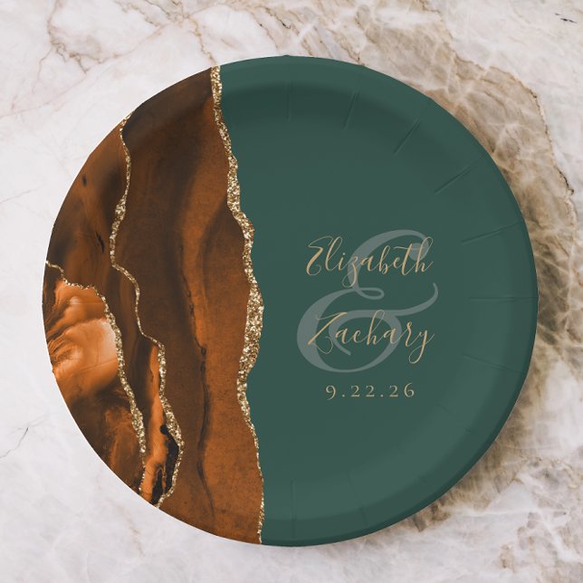 Plato De Papel Naranja quemado Agate Gold Dark Boda Verde (Subido por el creador)