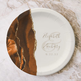 Plato De Papel Naranja quemado Agate Gold Ivory Boda