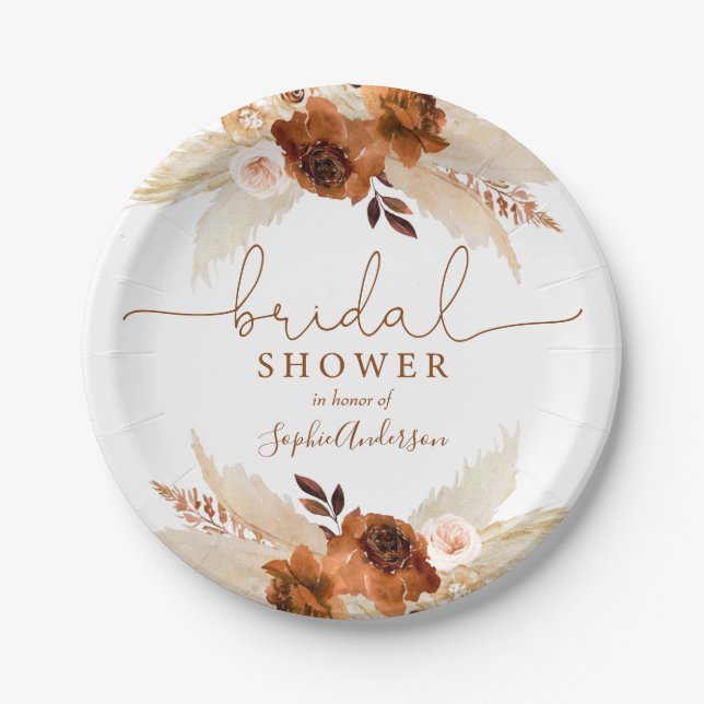 Plato De Papel Naranja quemado Bohemian Pampas Ducha nupcial (Anverso)