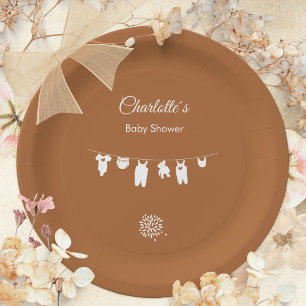 Plato De Papel Naranja quemado Boho Minimalista Baby Shower