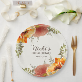 Plato De Papel Naranja quemado Floral Caída Otoño Ducha Bridal