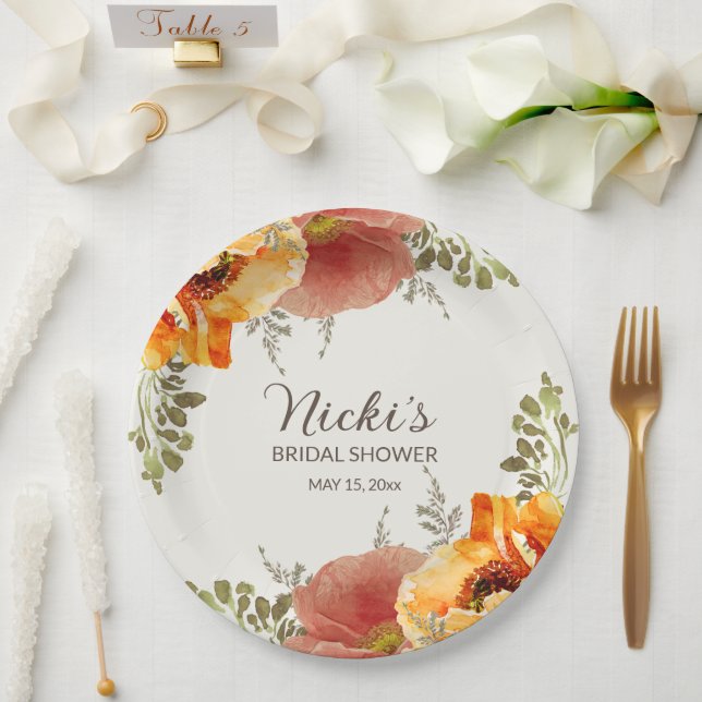 Plato De Papel Naranja quemado Floral Caída Otoño Ducha Bridal (Boda)