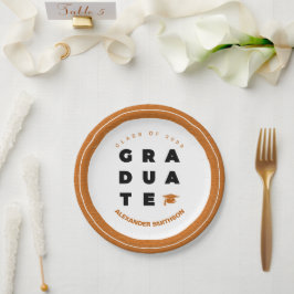 Plato De Papel Naranja quemado Letras de GRADUADO negrita y tapa