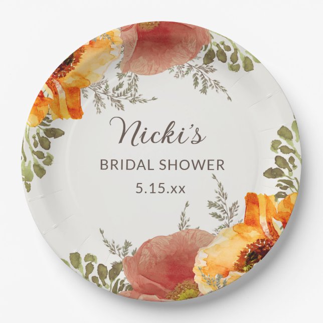 Plato De Papel Naranja quemado otoño floral floral nombre de duch (Anverso)