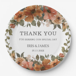 Plato De Papel Naranja quemado Rust Floral Wedding Ducha Cumpleañ