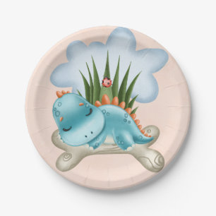 Plato De Papel Naranja quemado Verde azulado lindo Dinosaur Baby 