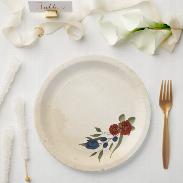 Plato De Papel naranja quemado y floral azul marino (Boda)