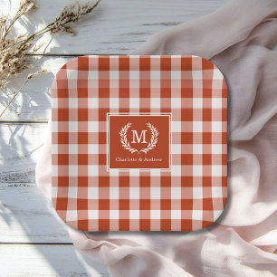 Plato De Papel Naranja-Red Gingham Monograma Personalizado Escudo