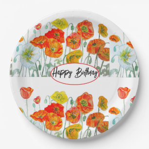 Plato De Papel Naranja Red Poppy Flor Acuarela Cumpleaños