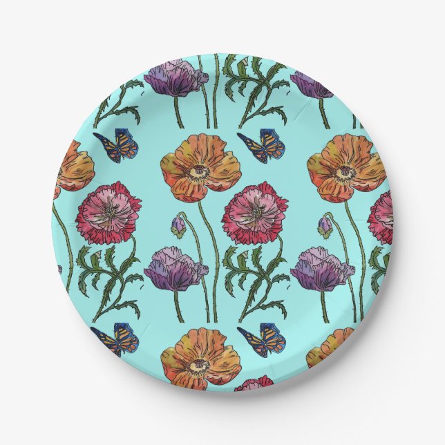 Plato De Papel Naranja Red Poppy Poppies Floral Aqua (Anverso)