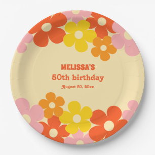 Plato De Papel Naranja retro colorido Boho flor 50 cumpleaños