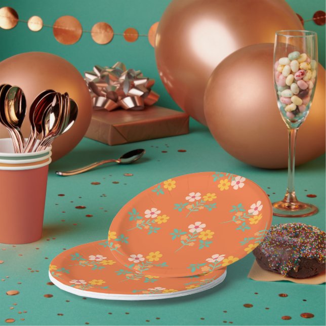 Plato De Papel Naranja retro Daisy Bouquet Pattern (Multi)