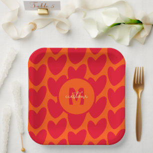 Plato De Papel Naranja Retro Groovy Red Hearts Nombre Sobre Monog