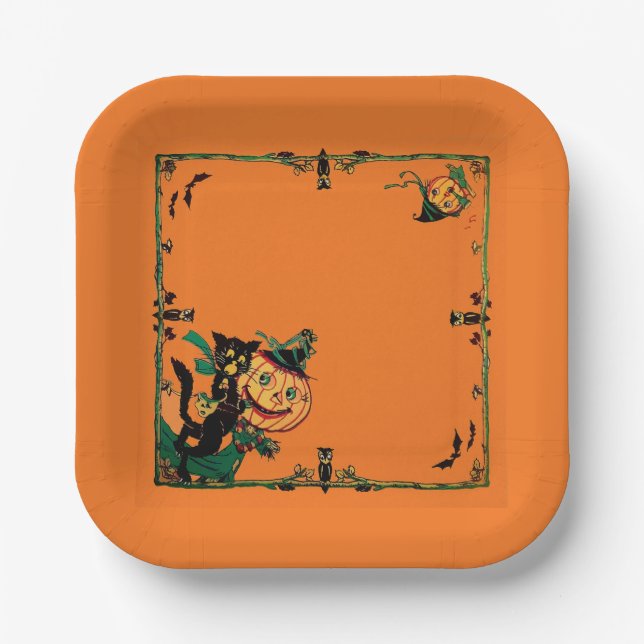 Plato De Papel Naranja Retro Halloween  (Anverso)
