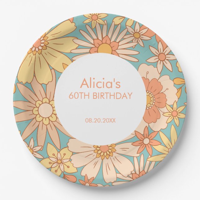 Plato De Papel Naranja Retro Peach Botanical Green 60 cumpleaños (Anverso)
