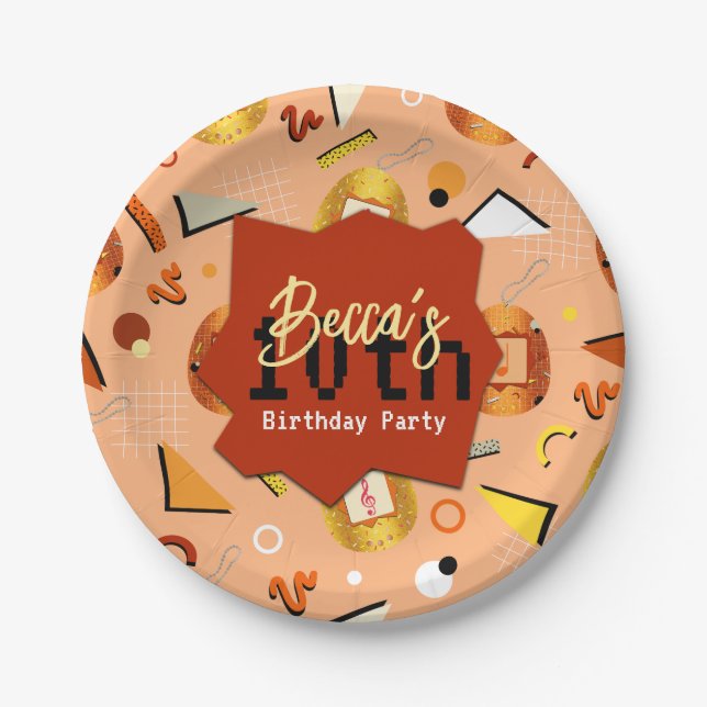 Plato De Papel Naranja retro Tamagotchi Cumpleaños (Anverso)