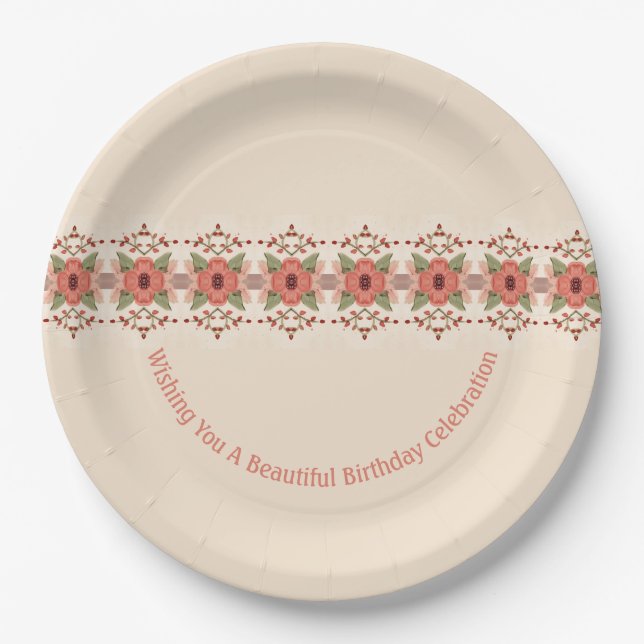 Plato De Papel Naranja Rojo Floral (Anverso)