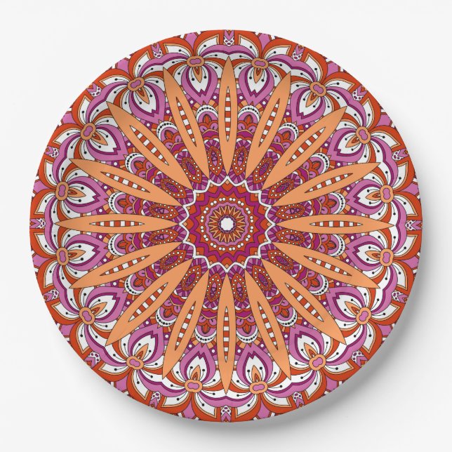 Plato De Papel Naranja rojo rosa mandala Orgullo lesbiano (Anverso)