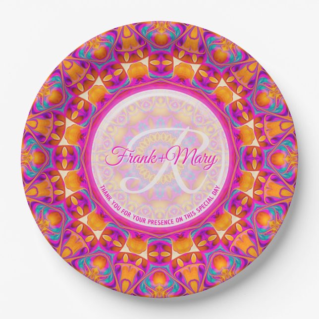 Plato De Papel Naranja rosa de Fuchsia Fiesta Mandala Monograma (Anverso)