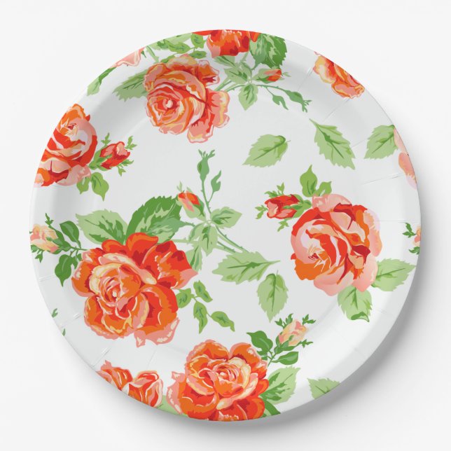Plato De Papel Naranja rosa de impresión floral (Anverso)
