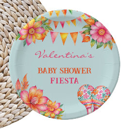 Plato De Papel Naranja rosa Floral Blue Fiesta Baby Shower