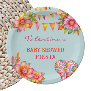 Plato De Papel Naranja rosa Floral Blue Fiesta Baby Shower
