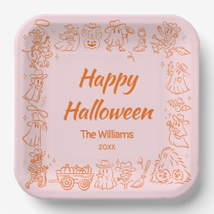 Plato De Papel Naranja Rosa Quirky mano dibujó doodles Halloween