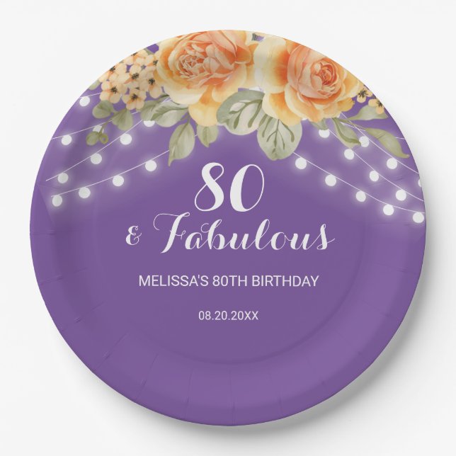 Plato De Papel Naranja Rosa String Lights Purple Birthday (Anverso)