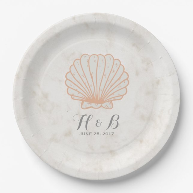 Plato De Papel Naranja Rustic Seashell Boda (Anverso)